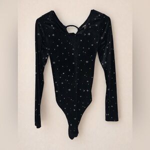 Wild Fable Velvet Celestial Star Moon Print Open Back Long Sleeve Bodysuit Small
